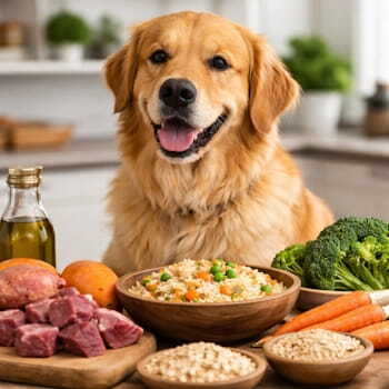 Собака золотистый ретривер и сбалансированный рацион с мясом, крупами и овощами - пример правильного питания собаки с углеводами.