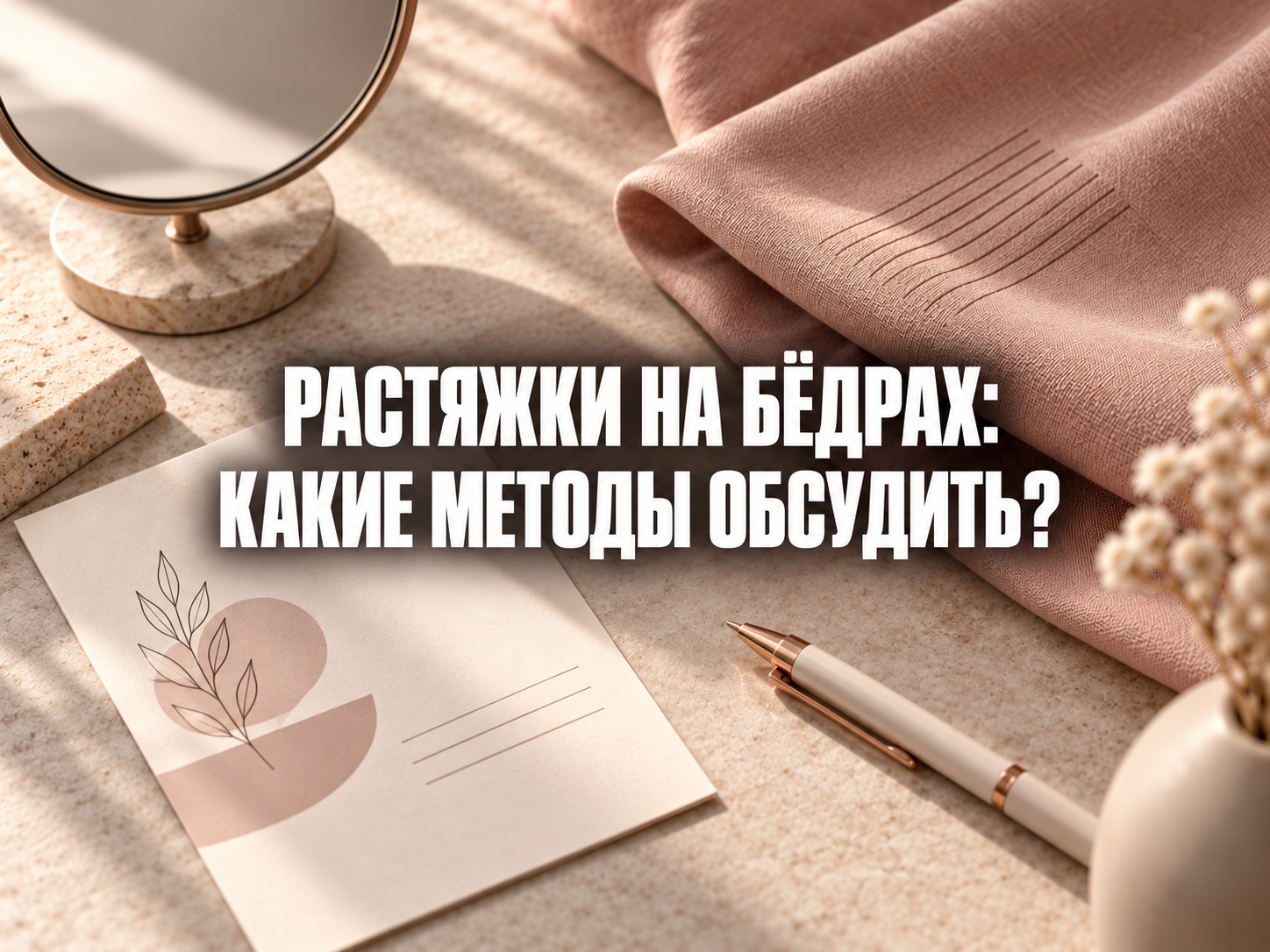 Абстрактная иллюстрация консультационного листа с тонкими линиями на ткани, зеркалом и ручкой; по центру фраза «РАСТЯЖКИ НА БЁДРАХ: КАКИЕ МЕТОДЫ ОБСУДИТЬ?»