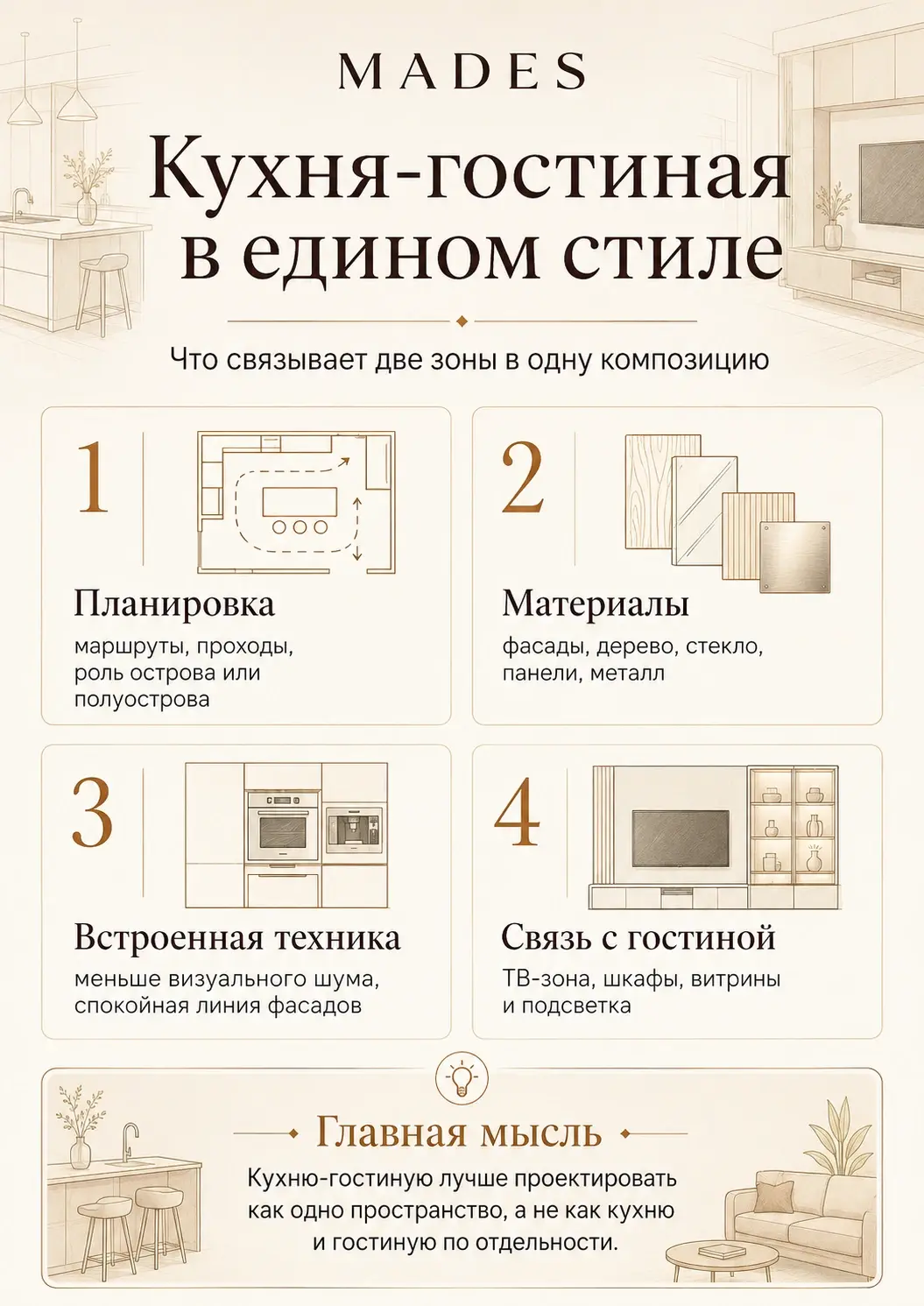 Кухня-гостиная в едином стиле: планировка, материалы, встроенная техника и ТВ-зона