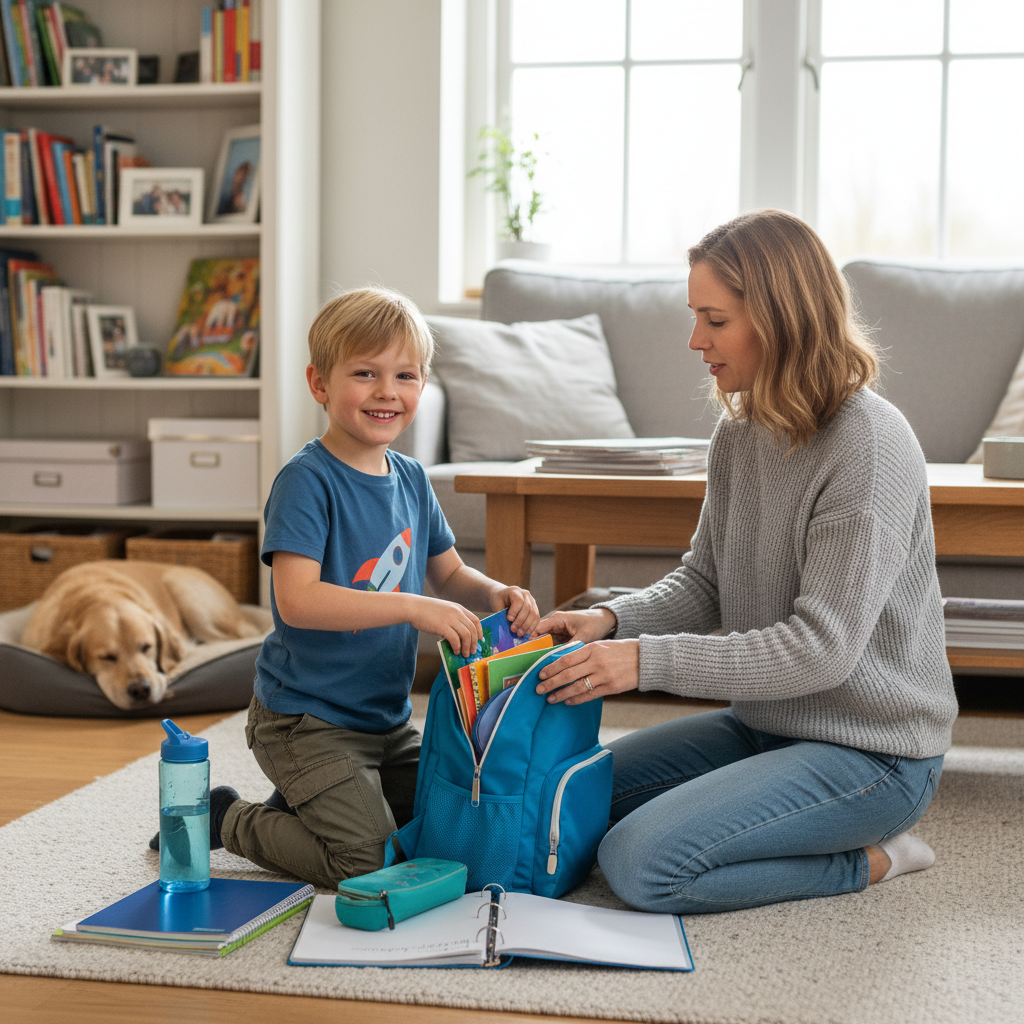Мать помогает ребенку собрать портфель в уютном доме