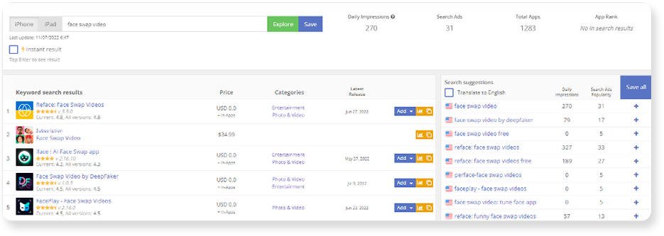 Keyword Explorer помогает DEVGAME проверить поисковую выдачу и посмотреть поисковые подсказки из App Store и Google Play