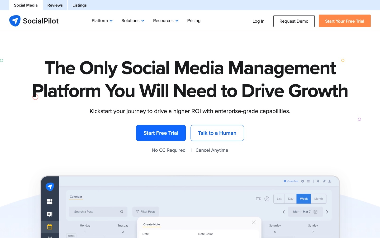 SocialPilot homepage screenshot: social media scheduling and management tool