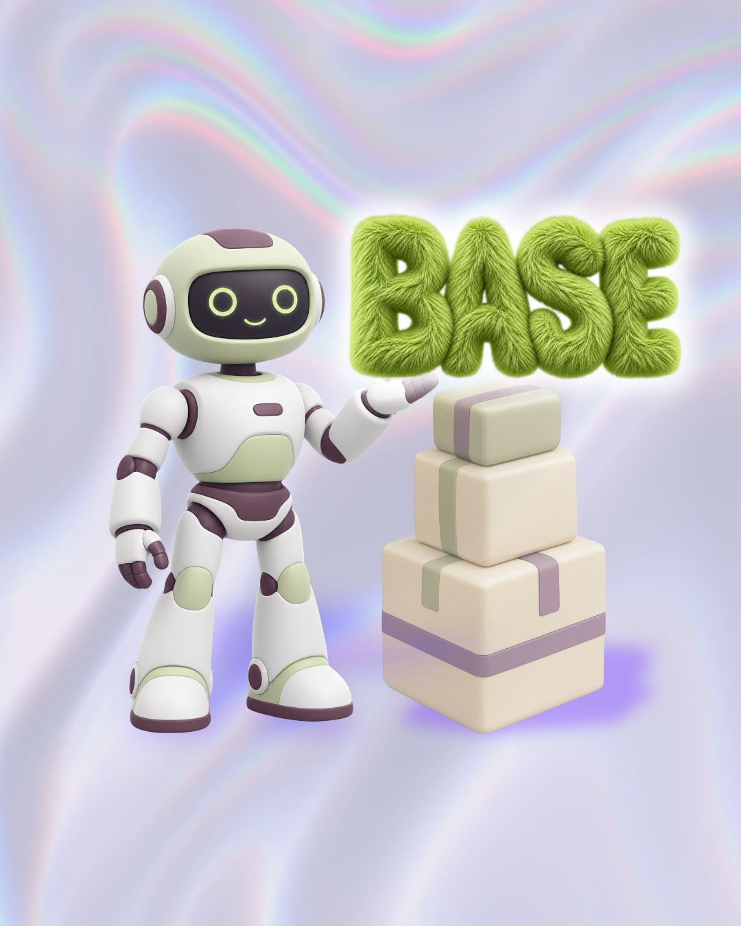 Робот-помощник БАЗЫ рядом с коробками и пушистым логотипом BASE