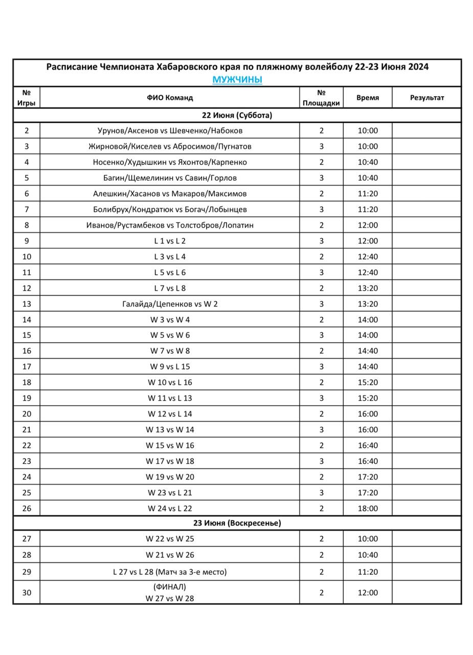 Расписание матчей Чемпионата Хабаровского края по пляжному волейболу среди  мужских и женских команд