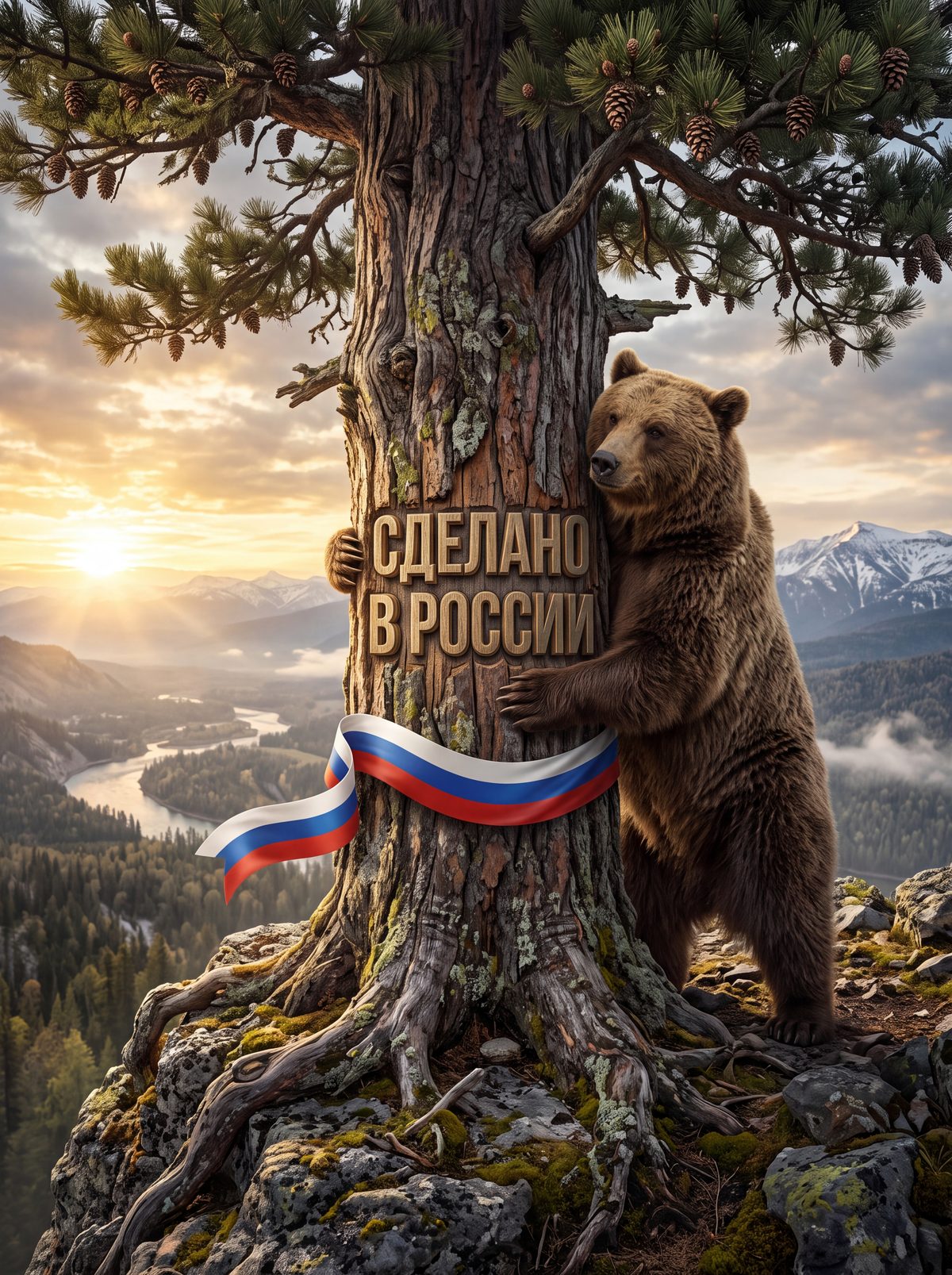 Медведь у кедра с табличкой «Сделано в России»