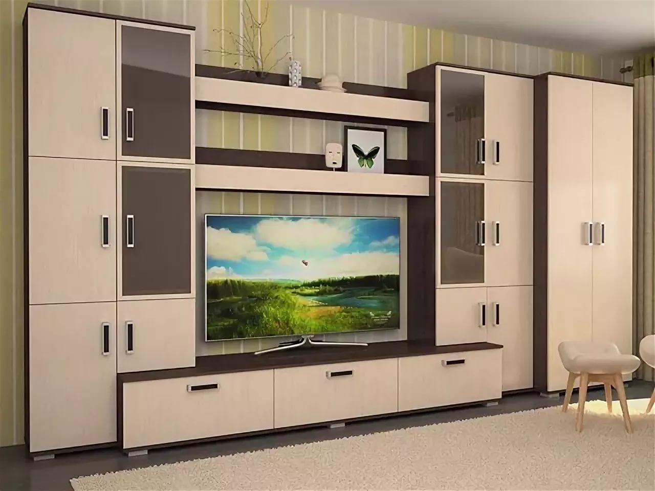 Стенка в комнату со шкафом для одежды и телевизора