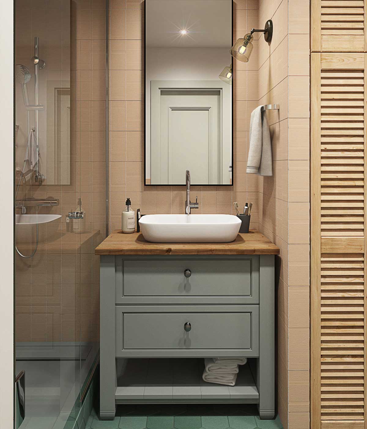 душевая, раковина, плитка в ванной, зеркало