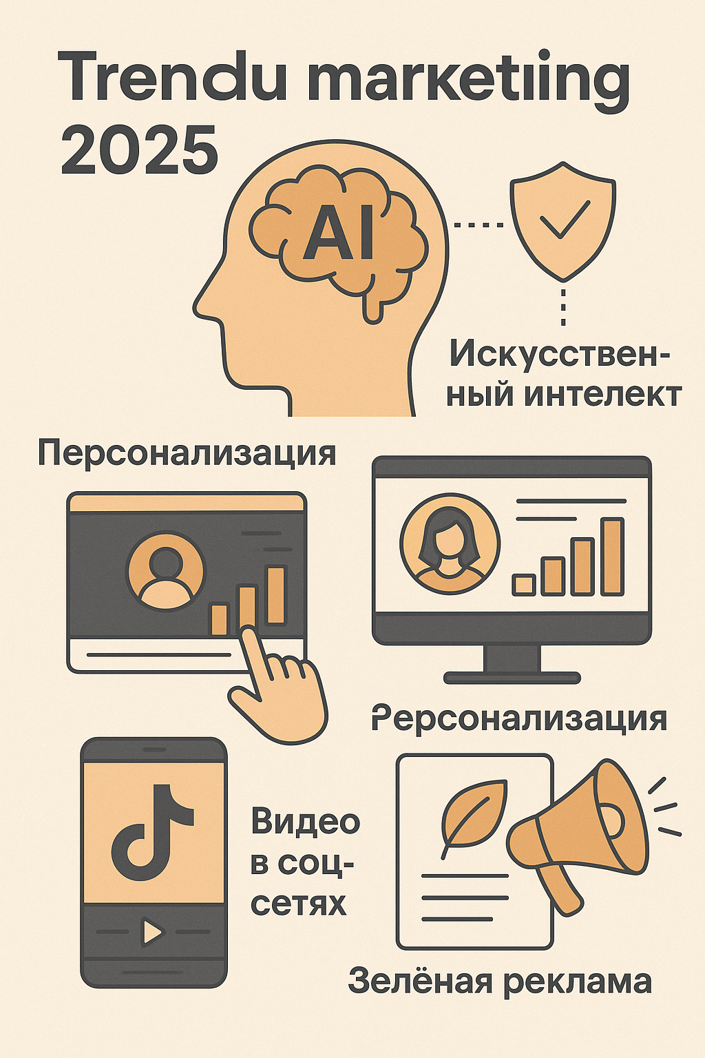 Инфографика: ключевые тренды маркетинга 2025 — искусственный интеллект, персонализация, нейромаркетинг, зелёная реклама