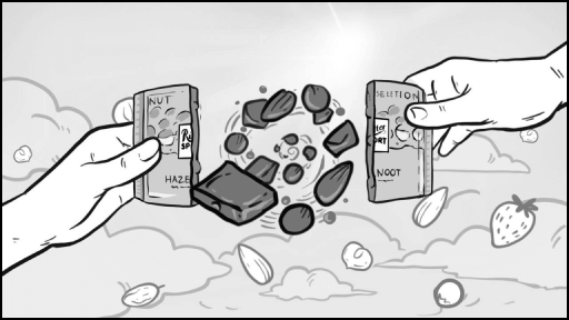 Парящий шоколад и орехи – момент наслаждения – Кадр из анимационного сценария: взрыв шоколада, орехов и кусочков в динамическом движении. Энергия, премиальность, качество, богатство вкуса, рекламная эстетика