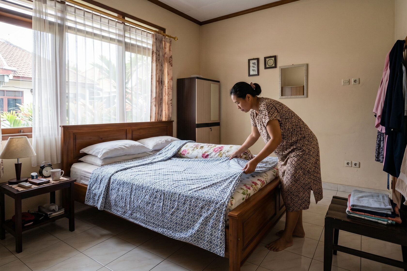 Merapikan tempat tidur pagi hari di kamar rumah Indonesia