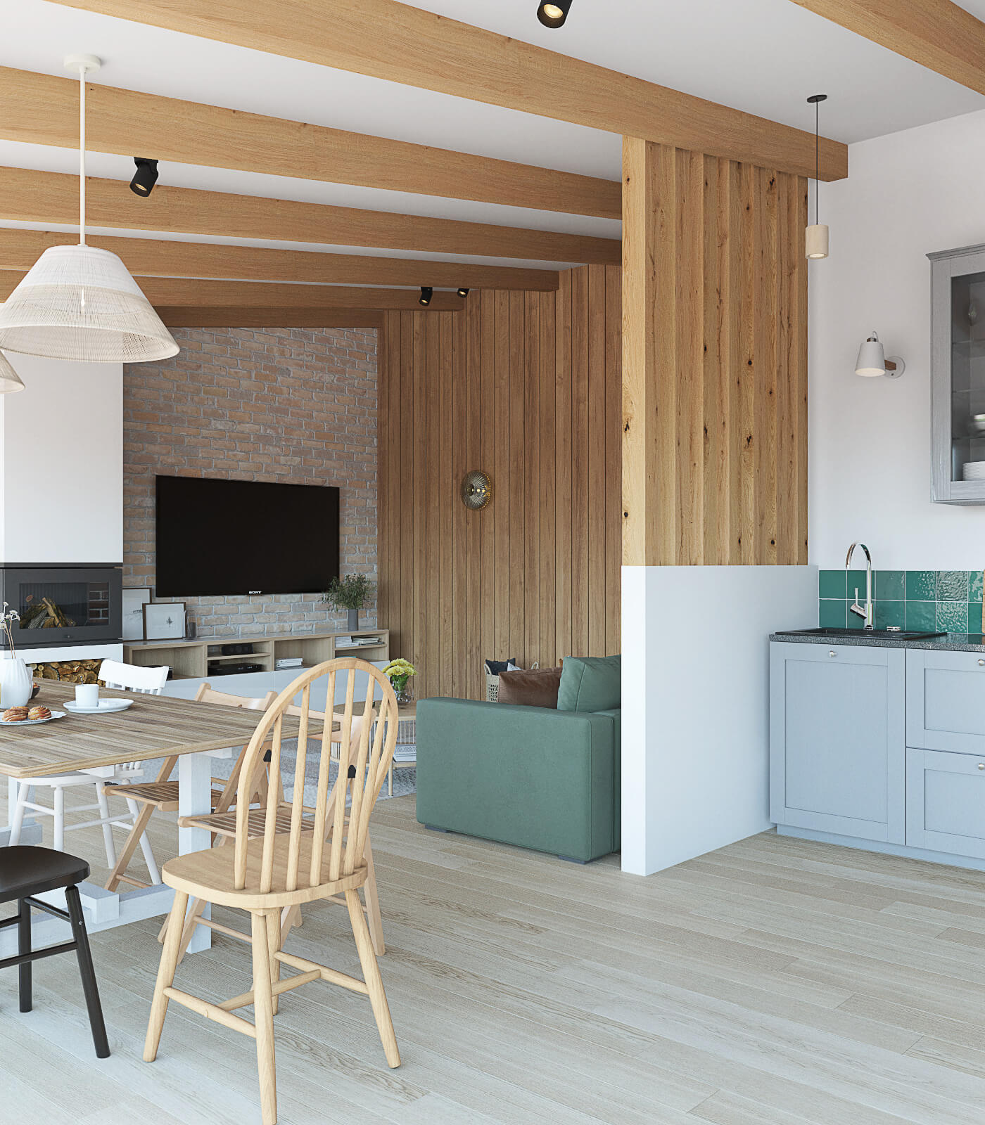 загородный дом с верандой. Столовая, камин, кухня серого цвета