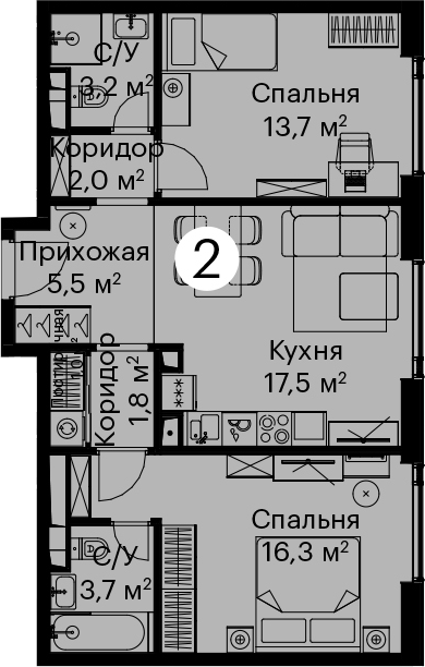 2-комн 43,4 м²