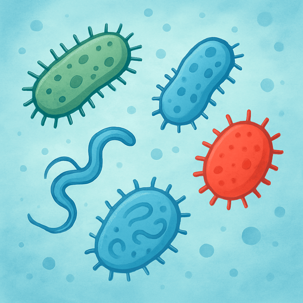 микроскопическое изображение бактерий в воде (E. coli, сальмонелла и др.)