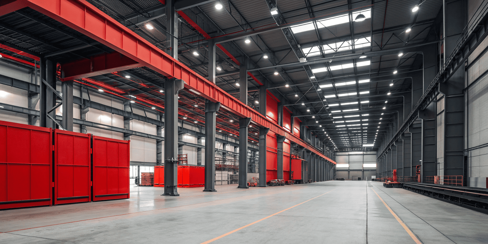 Производственный склад Larvij со стеллажами, палетами и готовой продукцией