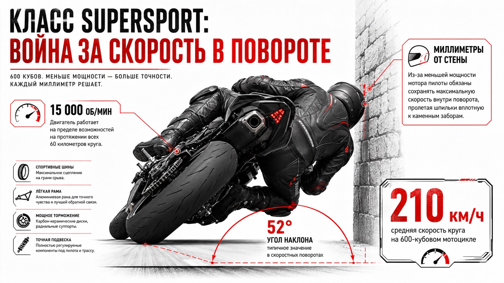 Черно-белая схема угла наклона мотоцикла класса Supersport вплотную к стене на трассе Tourist Trophy