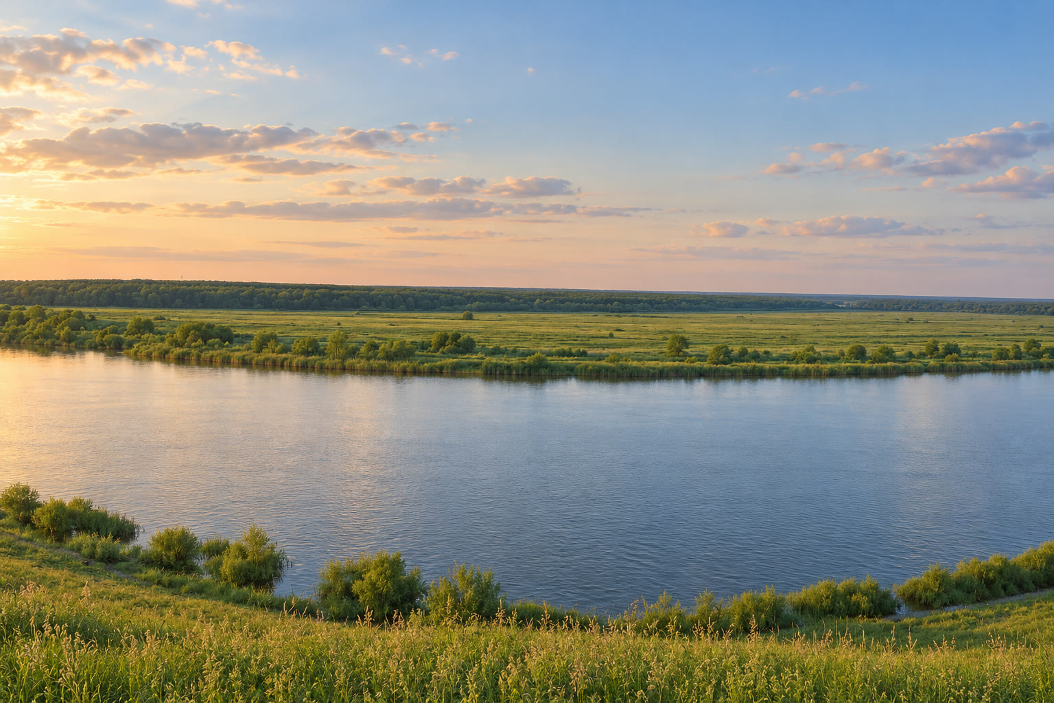 Широкая Ока с высокого травянистого берега, за рекой луга и лес, летний вечер, иллюстрация