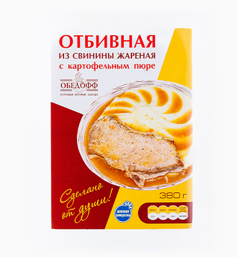 Отбивная из свинины жареная с картофельным пюре от производителя Мерилен — замороженный полуфабрикат. Масса нетто: 380 гр.