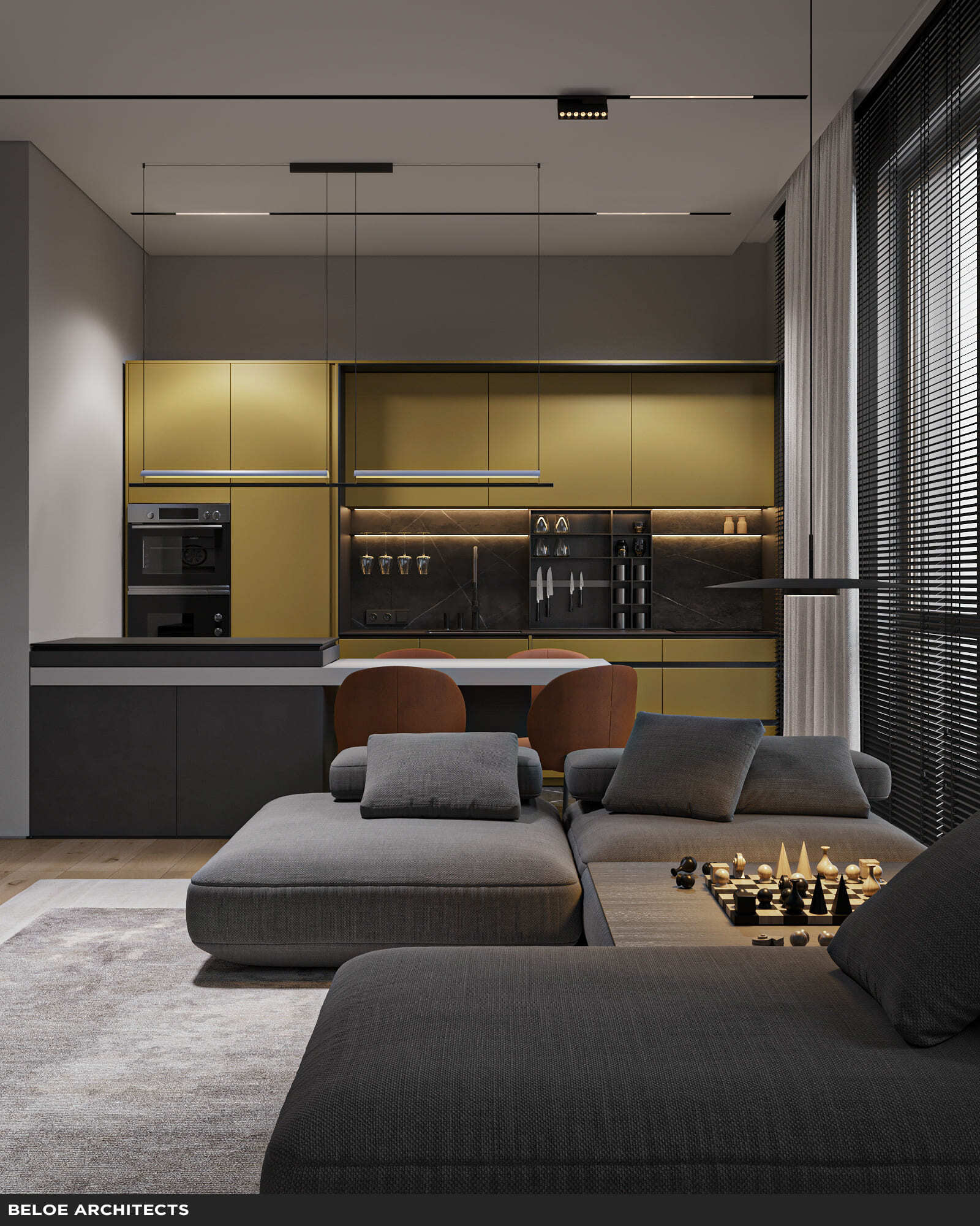 Дизайн кухни-гостиной в квартире жилого комплекса Винсент в Казани от студии beloe architects