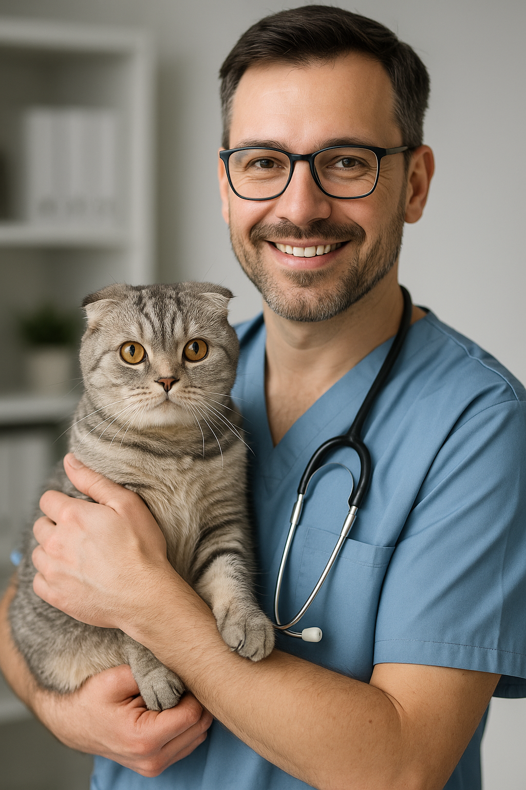 alt="Weterynarz trzyma szkockiego kota zwisłouchego podczas badania — pakiety weterynaryjne PETHELP dla psów i kotów w Polsce"