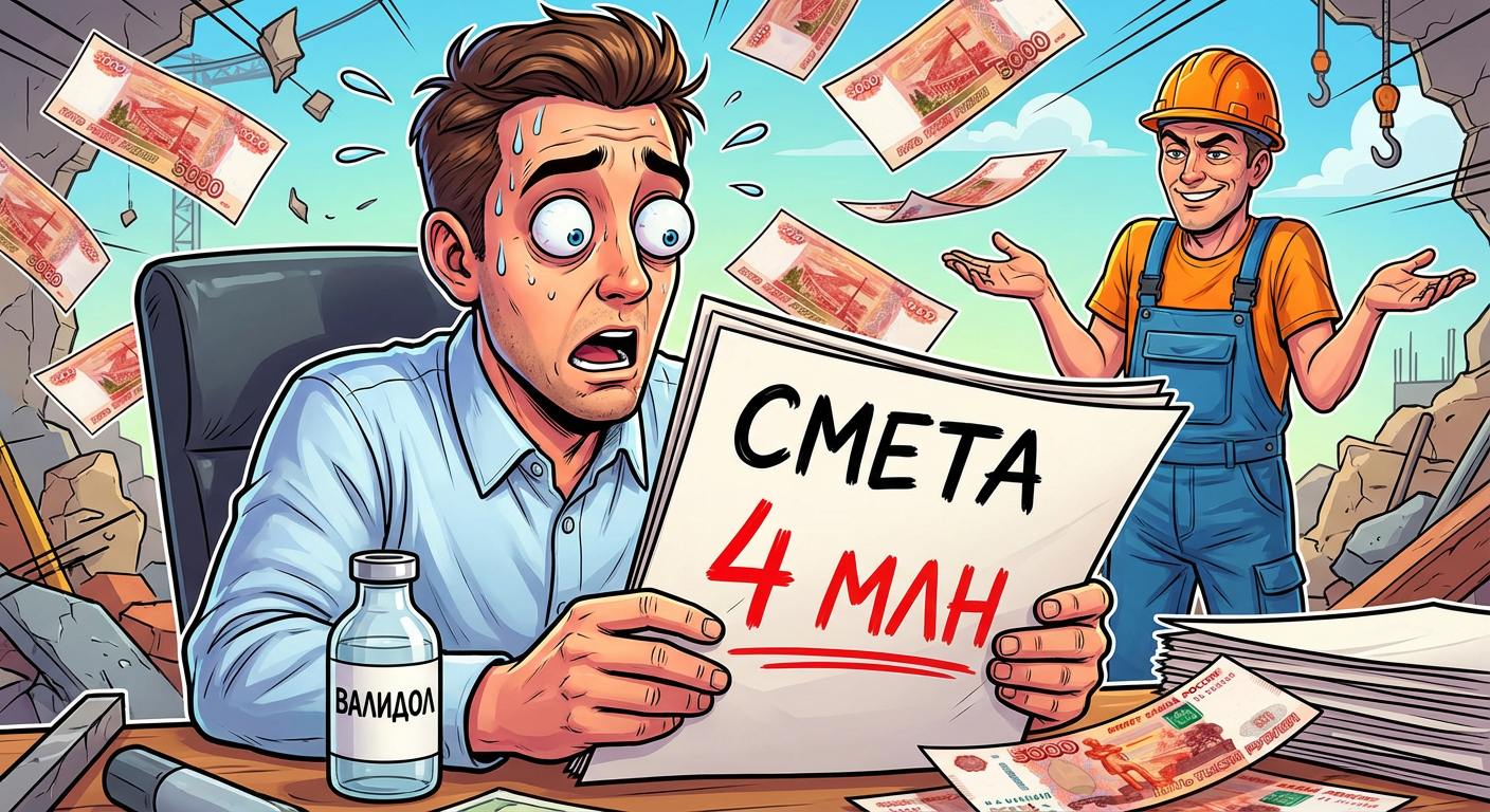 Договор ремонта под ключ: мужчина в шоке смотрит на смету 4 млн рублей, на столе валидол, летают деньги, строитель разводит руками. Иллюстрация про рост стоимости ремонта квартиры