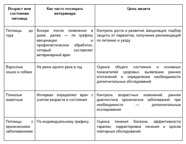 таблица графика визитов в ветклинику