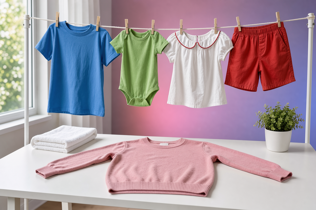 Cotton clothing air-drying on a shaded clothesline and flat-laid cotton sweater drying on a table, natural light and no cleaning product visible