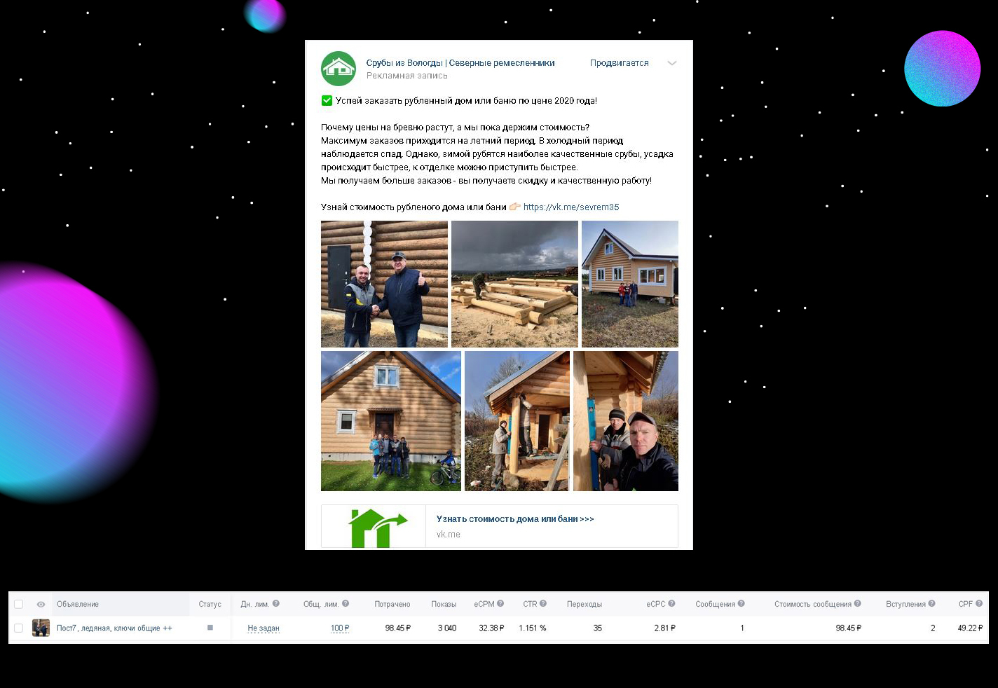 Кейс по рекламе ВКонтакте для фирмы застройщика деревянной загородной  недвижимости