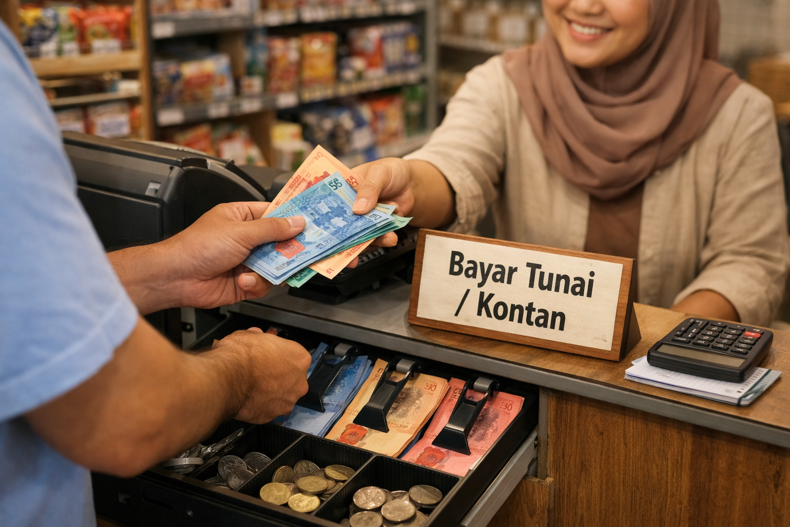 Contoh penggunaan kata kontan sebagai pembayaran tunai di kasir toko