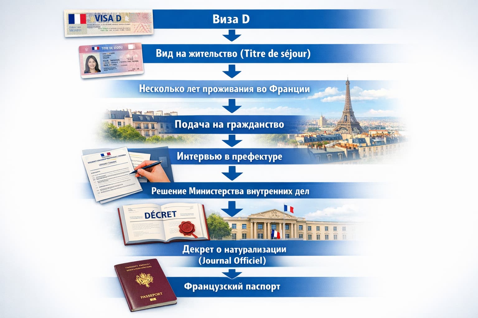 Инфографика, показывающая пошаговый путь и получение гражданства Франции: от визы D и вида на жительство (Titre de séjour) до интервью в префектуре, декрета о натурализации и выдачи паспорта.