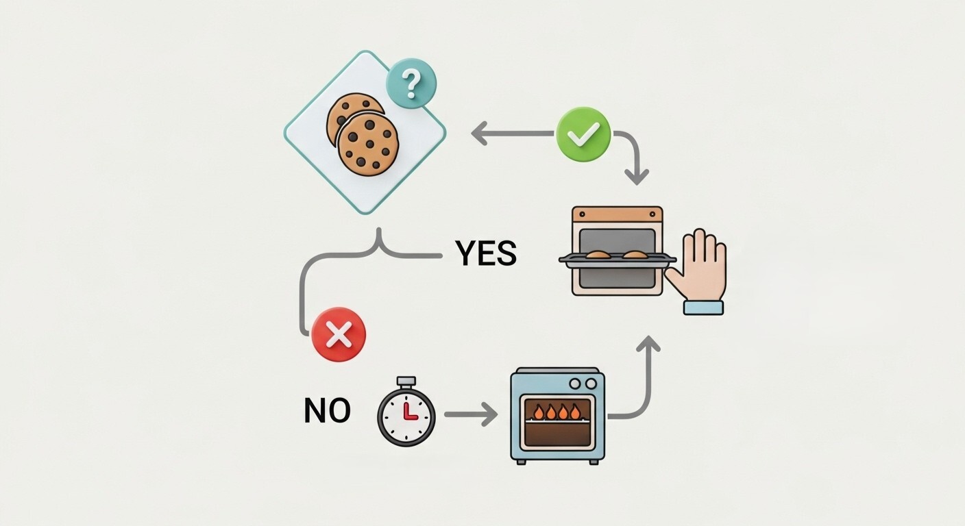 Объяснение 'условия' (if/else) в программировании: блок-схема показывает 'развилку' — если печенье готово (Да) - вынимать, если (Нет) - печь еще.