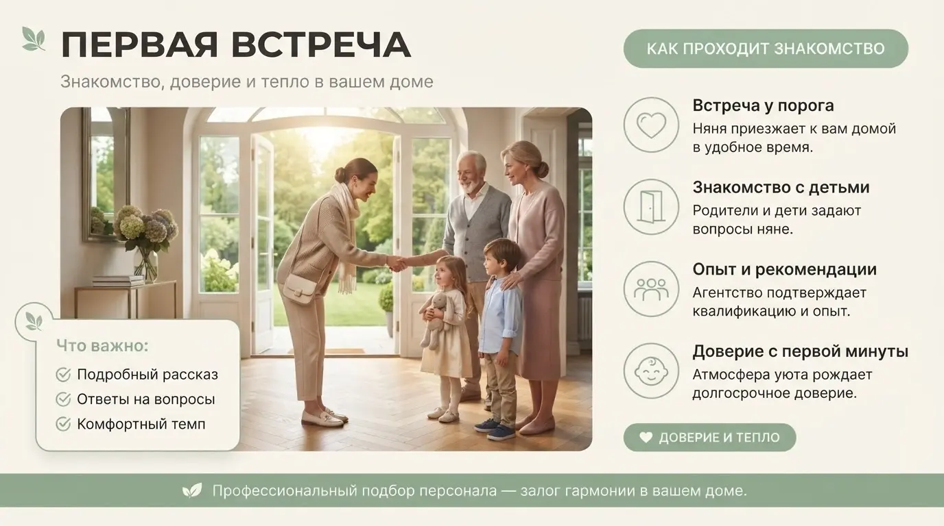 семья с детьми встречает нового сотрудника у входа в просторный московский дом, первое знакомство няни с семьёй, атмосфера доверия и тепла