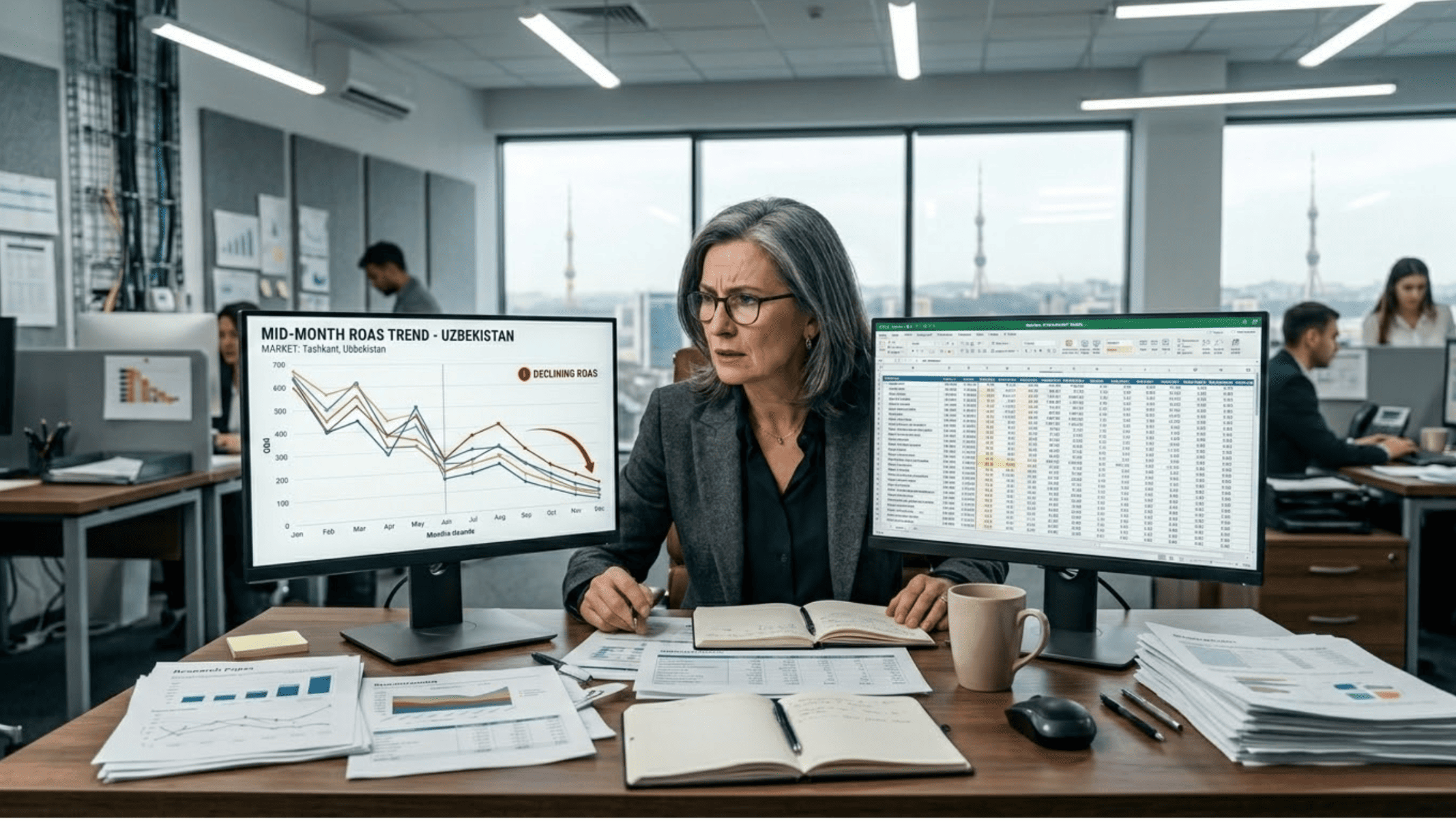 A marketing director presents a three-scenario ad spend ROI forecast to a CFO in a Tashkent conference room, showing predictive CPA ranges and channel sensitivity analysis.