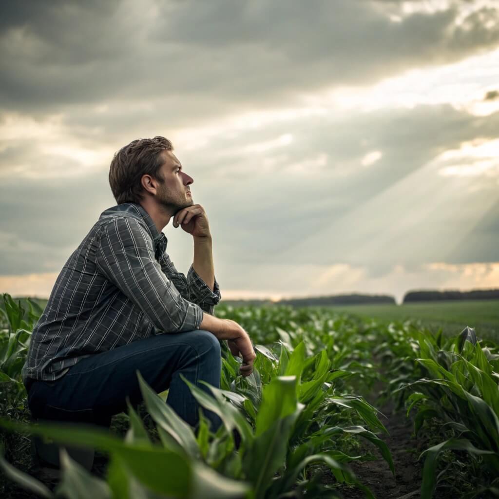 Мужчина задумчиво смотрит на поле растущей кукурузы