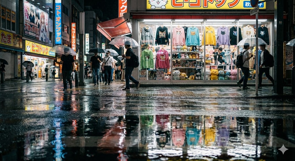 Яркая витрина с кошачьим мерчом на дождливой улице Токио