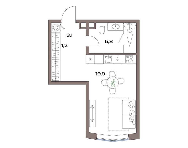 Планировка: студия 30,3 м² в ЖК «Акценты», корпус 13, 2-й этаж