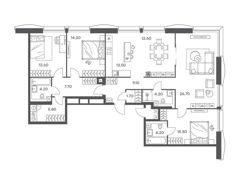 Планировка 5-комнатной квартиры 133 м² в ЖК «Инджой»: секция 10, 31-й этаж