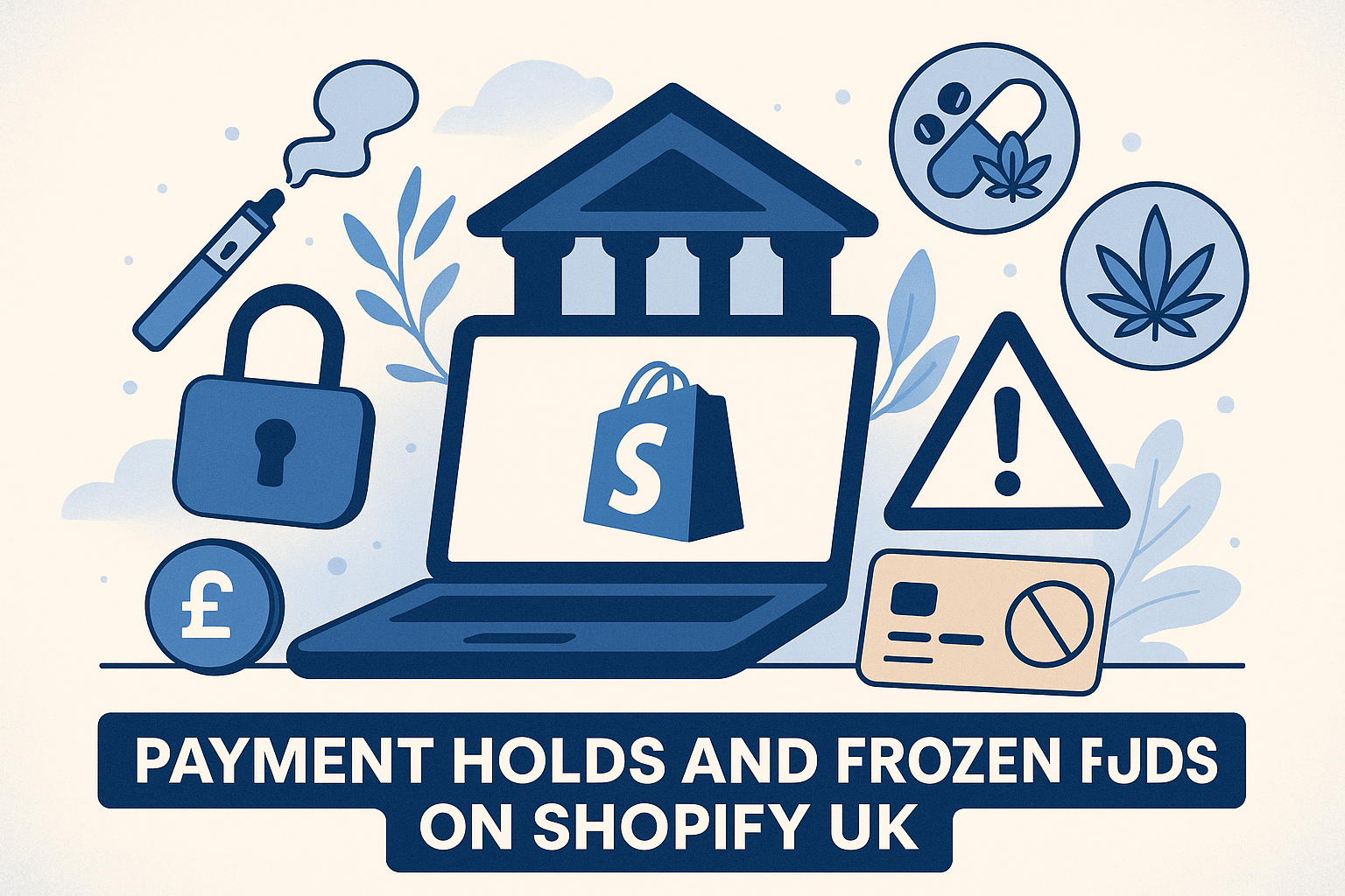 Illustration of a locked Shopify laptop surrounded by icons representing CBD, vape, supplements, and a warning symbol—depicting payment holds and frozen funds for UK merchants.