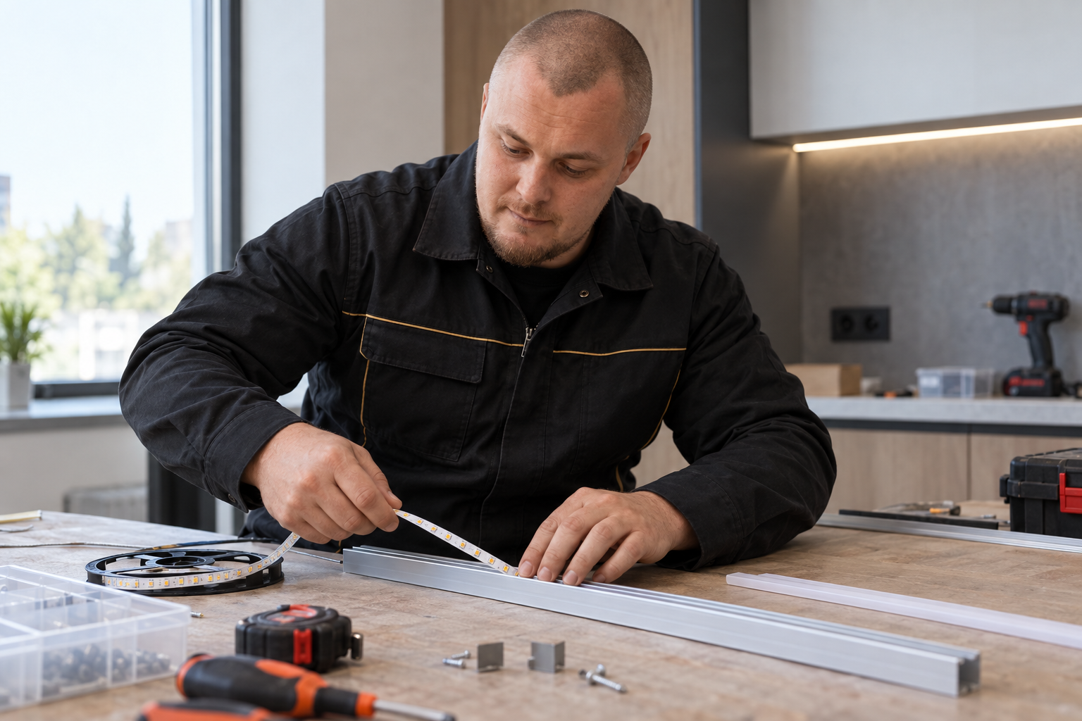 Стас Килин устанавливает светодиодную ленту в алюминиевый профиль на столе