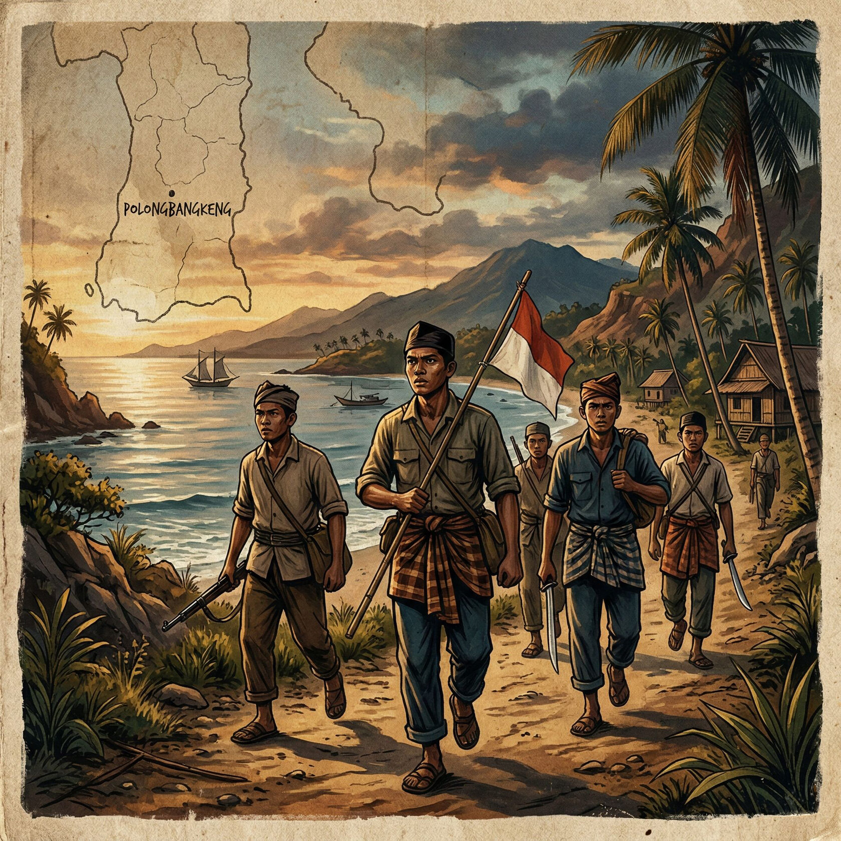 Ilustrasi pejuang Takalar di pesisir Sulawesi Selatan dengan penanda Polongbangkeng