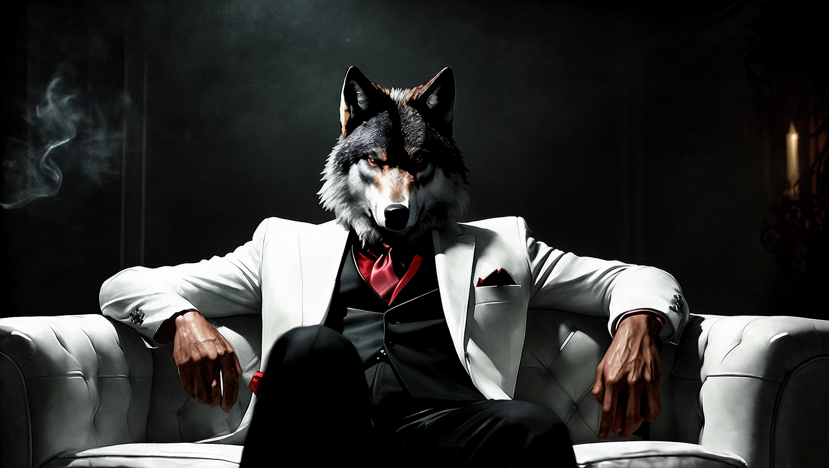 a mafia wolf wearing a white 19s suit, sitting on a leather couch and Smoking a Cigar in his right hand looking at the camera, in dynamic, atmosphere of darkness and horror, dramatic light, hyper realistic, in the style of wallpaper portraits, colorful realism, realistic attention to detail, highly detailed,UHD, 8K --ar 16:9 --lora darkandlight --image input_image_3e78802a-061c-4a62-8c42-7a792498c050.jp