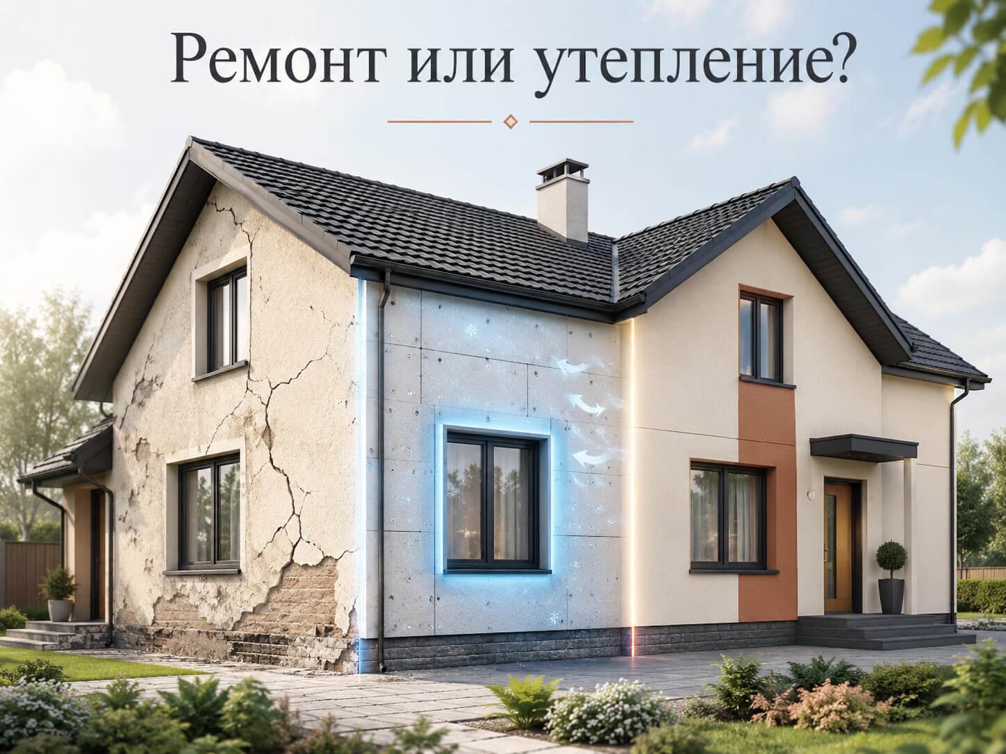 Иллюстрация частного дома с признаками повреждения фасада и теплопотерь перед выбором между ремонтом, утеплением или комплексным восстановлением.