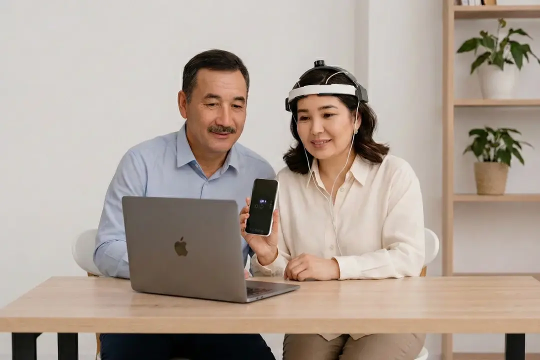 Девушка и мужчина смотрят результаты тестирования организма приборами БРТ WebWellness