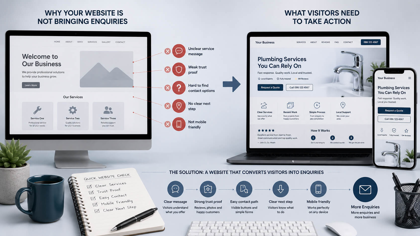 Website enquiry problem concept showing unclear service pages weak trust proof and a broken contact path in a clean blue-grey style.