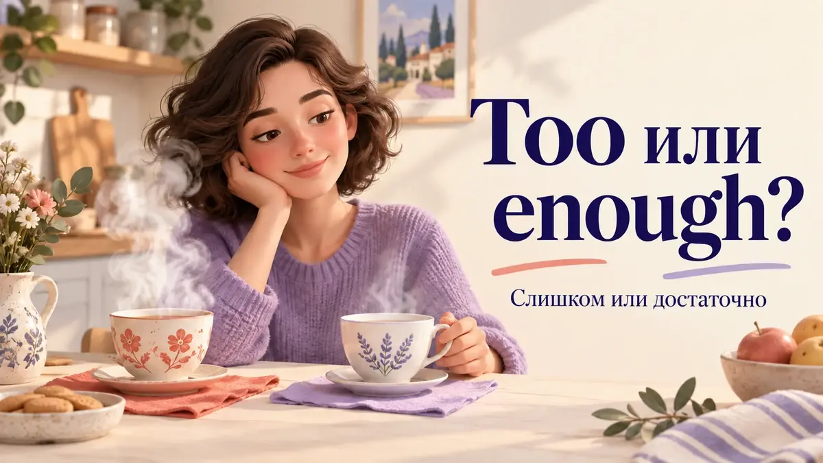 Девушка сравнивает две чашки чая, над одной поднимается пар: too и enough.