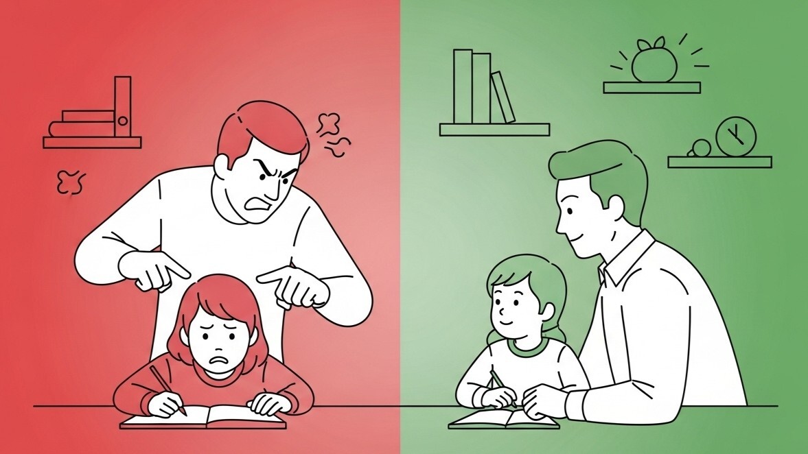 Схема-сравнение, как помочь ребенку с домашним заданием: неправильная роль 'Контролер' (критика, контроль) и правильная роль 'наставник' (поддержка, диалог).