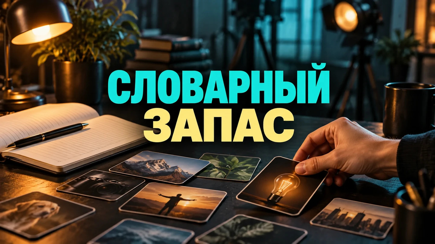 Обложка статьи «Словарный запас: как находить точные слова для устной речи»: Рука выбирает карточку рядом с открытым блокнотом на тёмном столе. Заголовок «СЛОВАРНЫЙ — ЗАПАС» встроен в изображение.