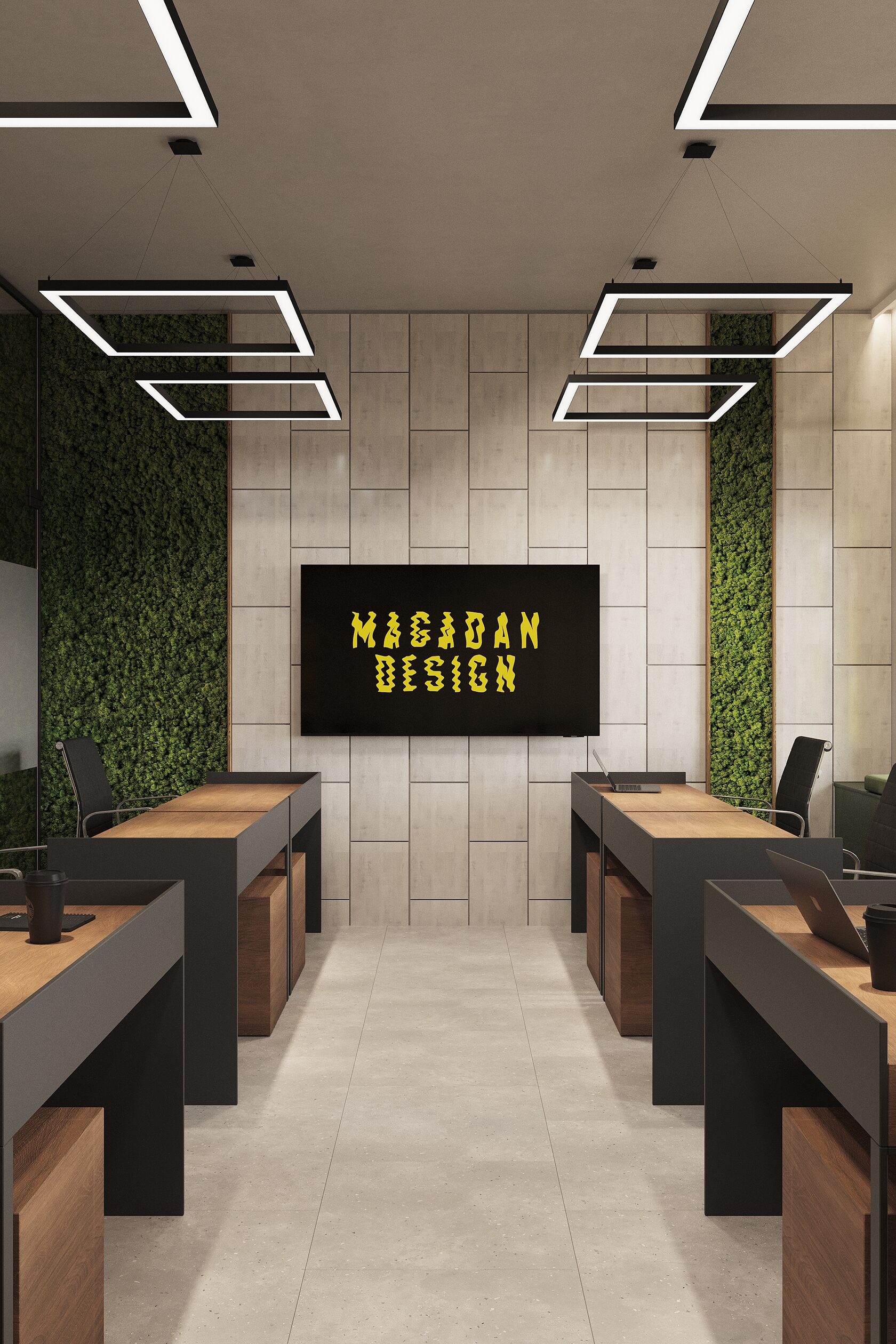 кабинет в офисе с бетонными панелями с Леру Мерлен и мхом на стене