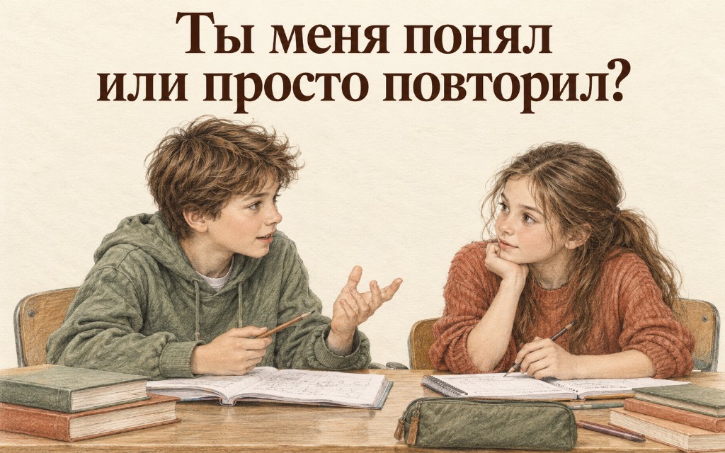 Двое учеников за партой: один объясняет мысль, другой слушает