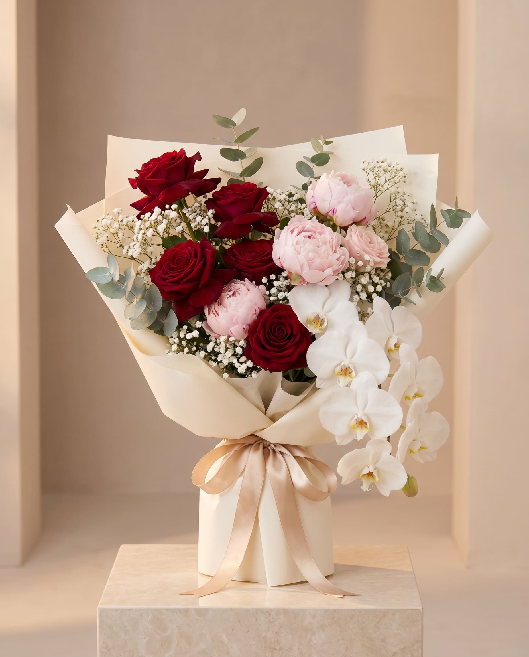 Luxury bouquet with roses orchids peonies and elegant wrapping for flower delivery payment in Morocco from abroad