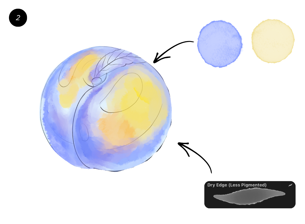 Adding yellow highlights and lavender reflections to a peach in Procreate